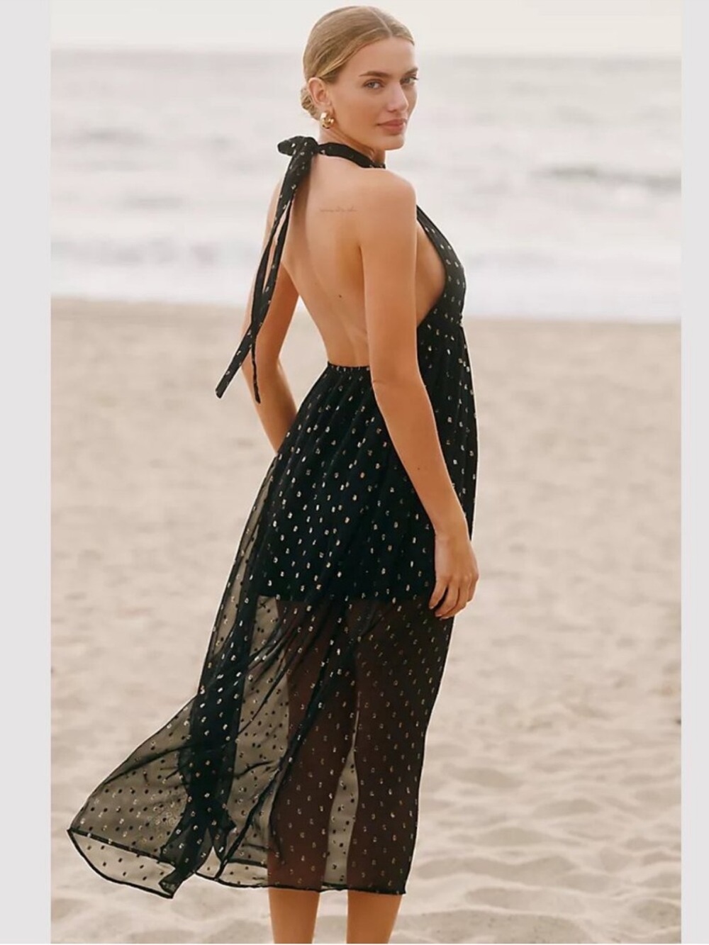 Anthropologie Celandine Beach Disco Plunging Halter  Maxi Dress Small black/Gold